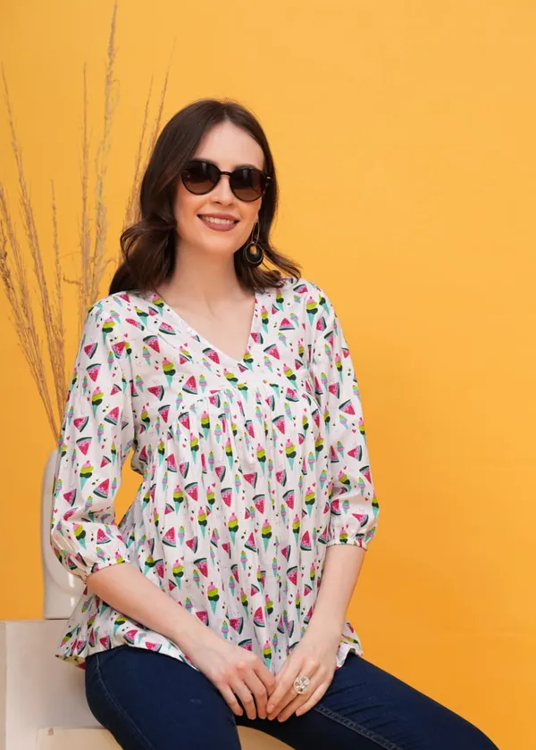 White_Printed_V_Neck_Gathered_Top_With_Ice_Cream_And_Watermelon_Print