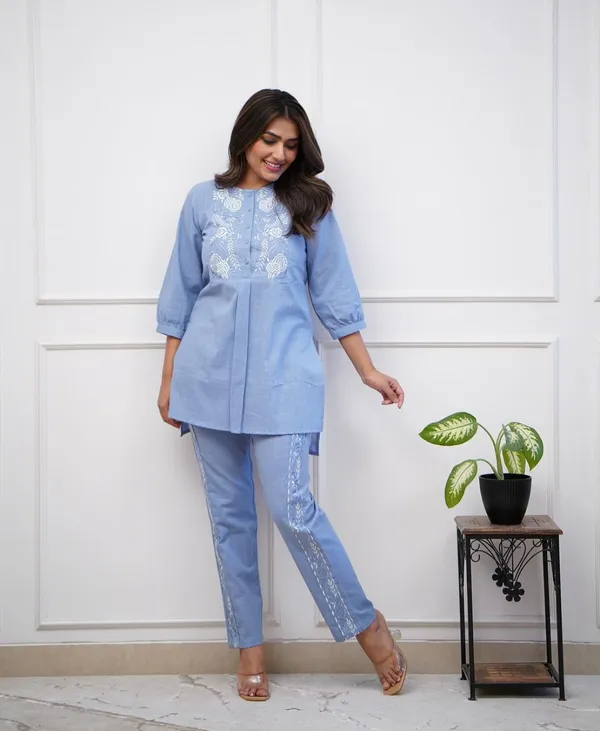 Powder_Blue_Embroidered_Cotton_Kurta_Pant_Set