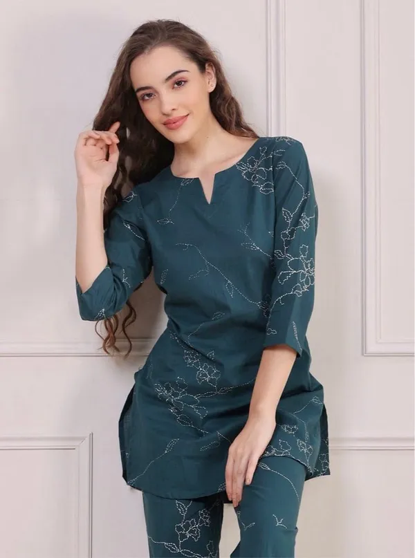 Teal_Printed_Kurta_And_Palazzo_Pants_Night_Suit_Set_For_Women