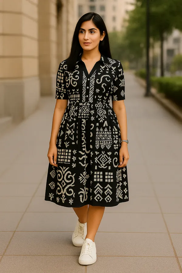 Black_Geometric_Print_Collared_Shirt_Dress_With_Belt