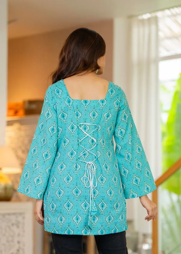 Turquoise_Blue_Printed_Kurti_Top_With_Back_Lace_Up_Detail