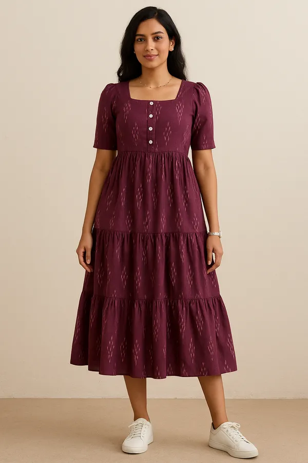 Maroon_Tiered_Midi_Dress_With_Ikat_Print_And_Button_Detail