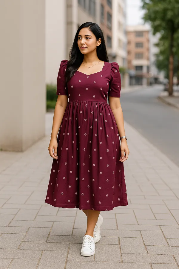 Maroon_Tiered_Midi_Dress_With_Ikat_Print_And_Button_Detail