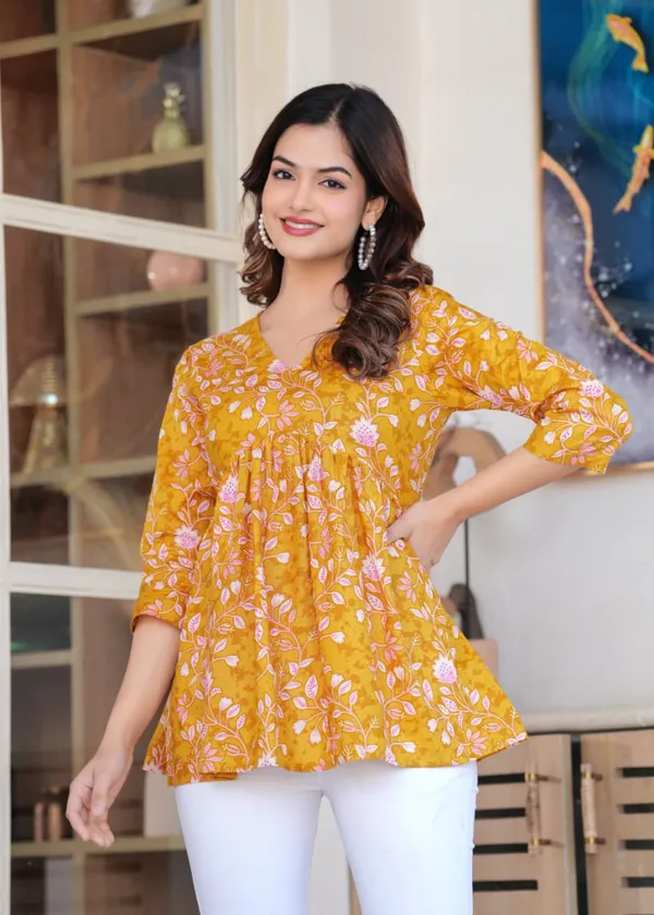 Mustard_Yellow_Floral_Printed_Gathered_Top_For_Women