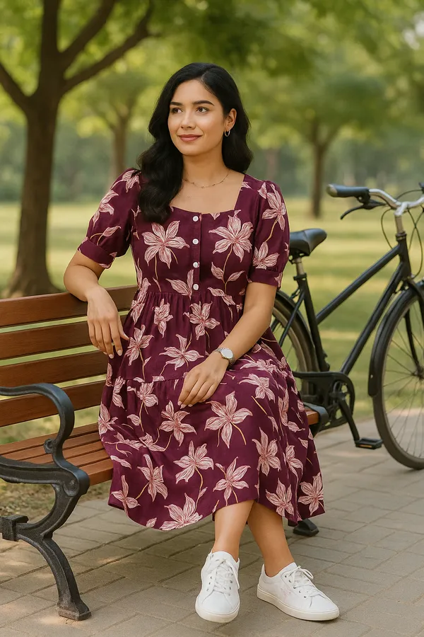 Maroon_Floral_Print_Midi_Dress_With_Short_Sleeves