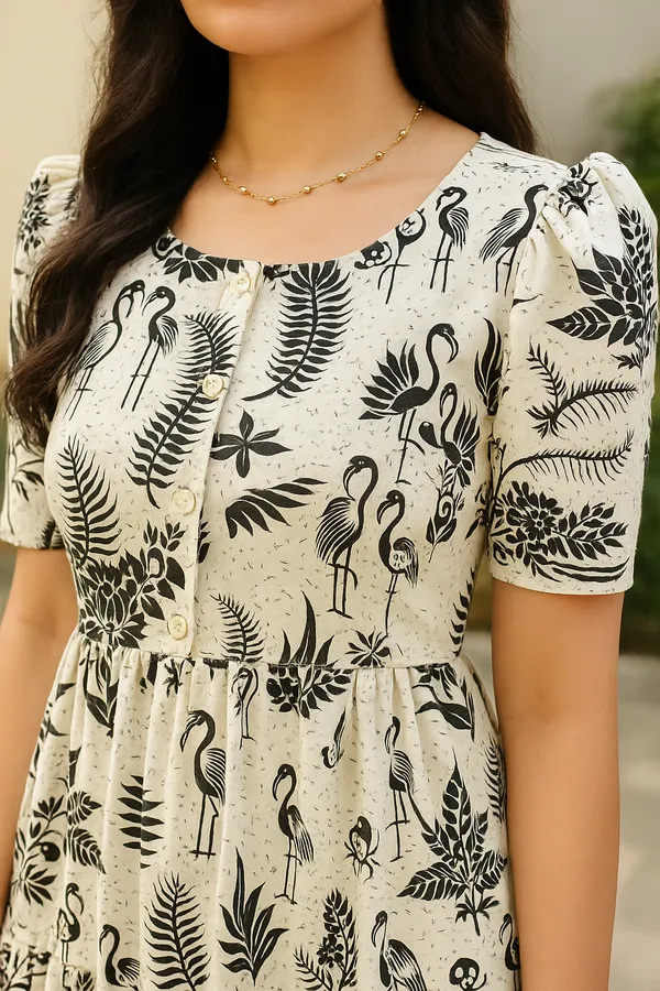Womens_Beige_And_Black_Printed_Midi_Dress_With_Puff_Sleeves