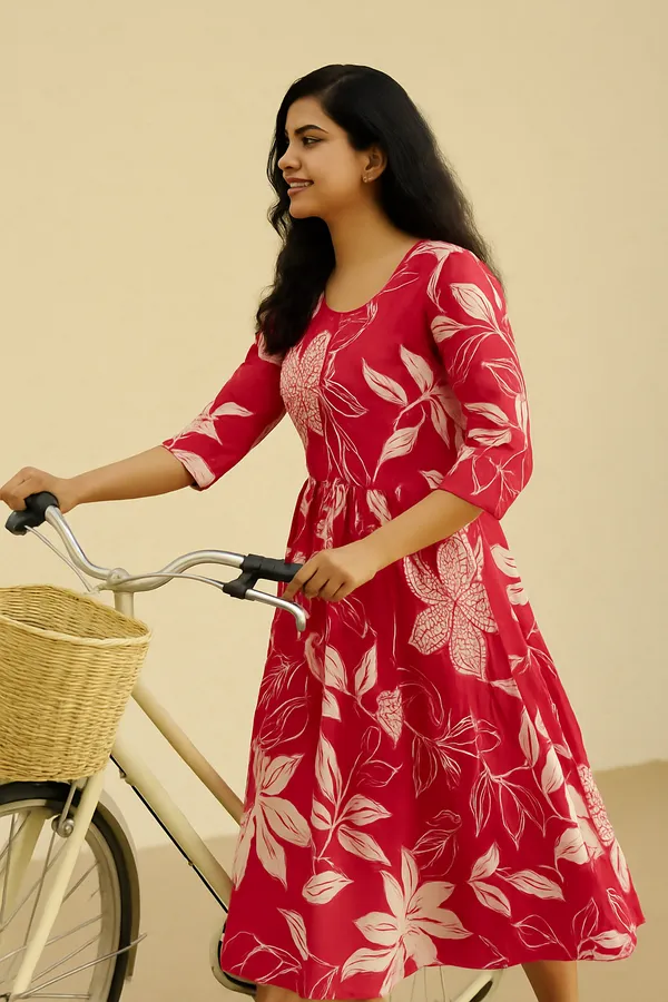 Red_Floral_Print_Midi_Dress_With_3/4_Sleeves