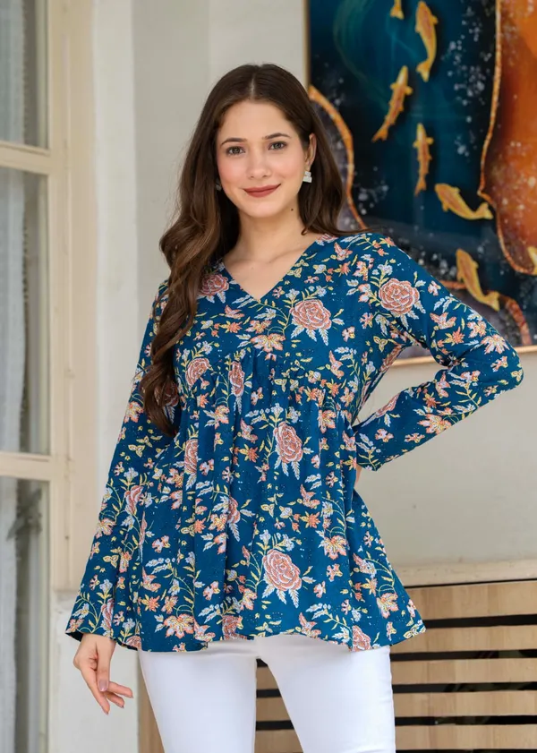 Blue_Floral_Print_A_Line_Top_For_Women