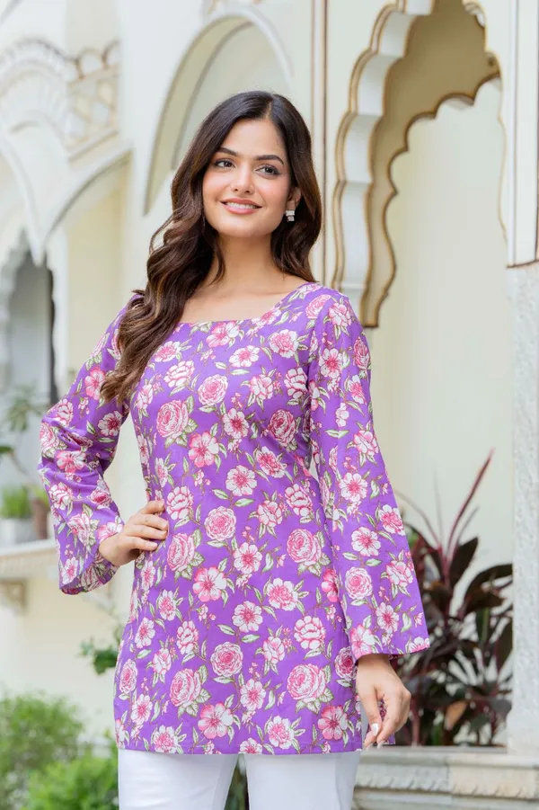 Purple_Floral_Print_Long_Sleeve_Tunic_Top_For_Women