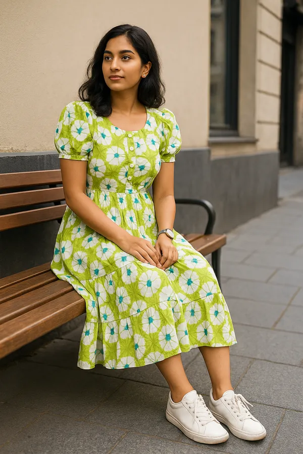Green_Floral_Print_Puff_Sleeve_Tiered_Midi_Dress