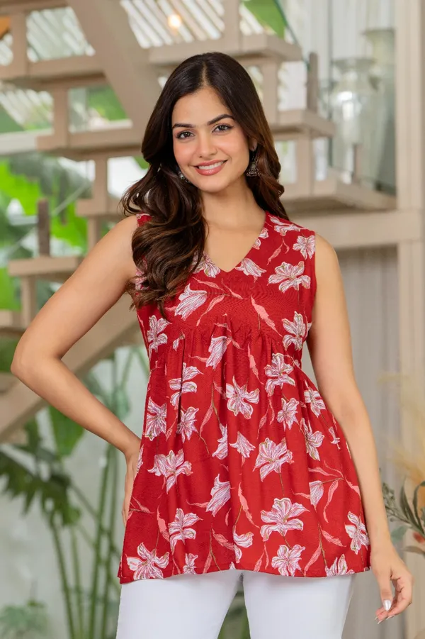 Red_Floral_Printed_Sleeveless_Flared_Top_For_Women