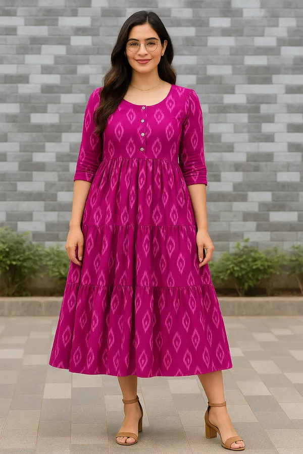 Magenta_Pink_Tiered_Ikat_Midi_Dress_With_Button_Front_Detail