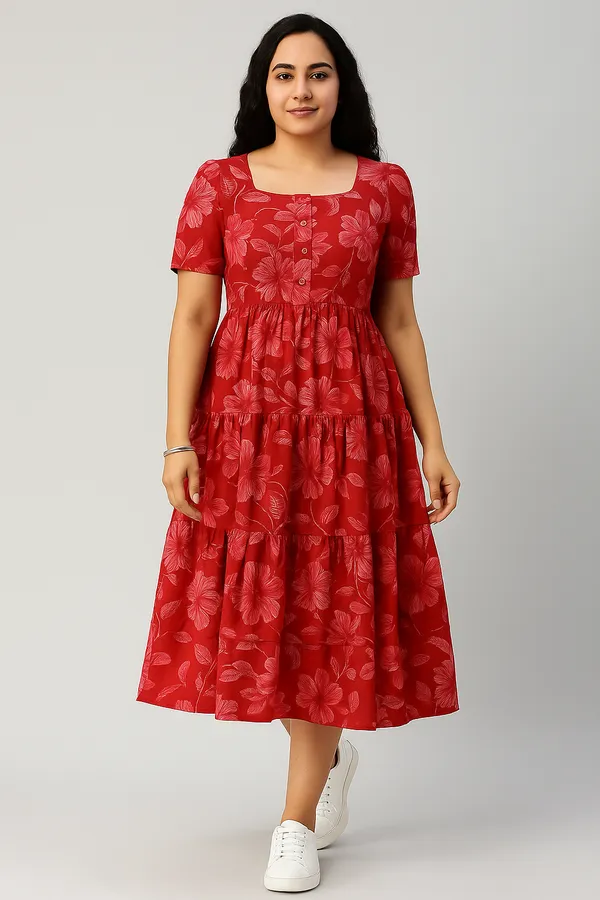 Red_Floral_Print_Gathered_Midi_Dress_With_Short_Sleeves