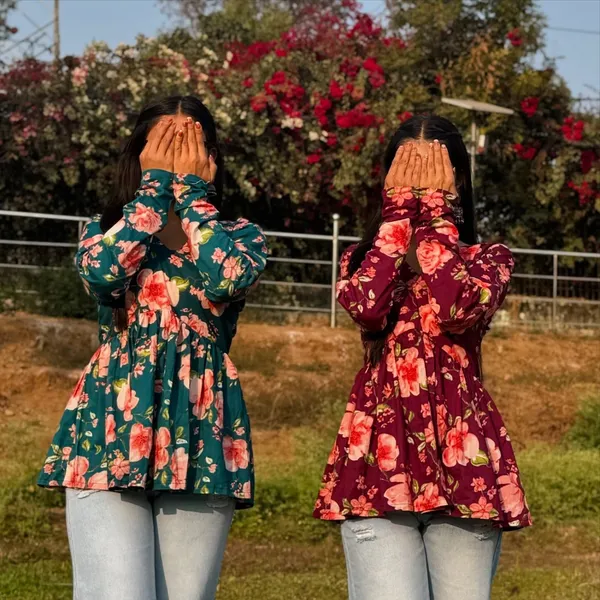 Teal_And_Maroon_Floral_Print_Peplum_Top_For_Women_Set_Of_2