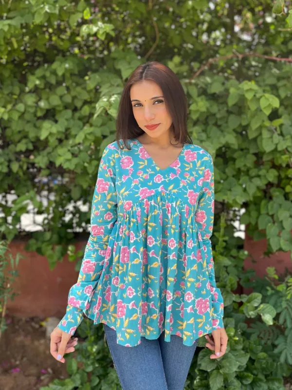 Turquoise_Blue_Floral_Printed_Cotton_Gathered_Top_For_Women