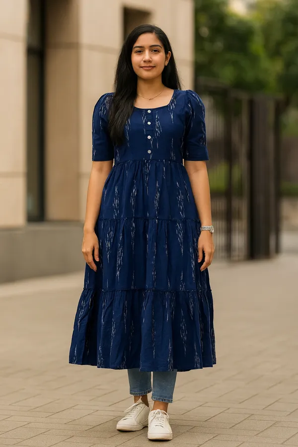 Womens_Royal_Blue_Ikat_Print_Tiered_Midi_Dress_With_Puff_Sleeves