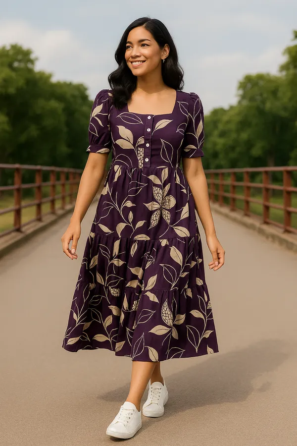 Purple_Floral_Print_A_Line_Midi_Dress_With_Short_Sleeves_And_Button_Front_Detail