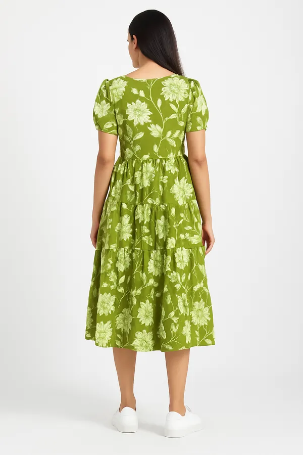 Womens_Green_Floral_Print_Tiered_Midi_Dress_With_Puff_Sleeves