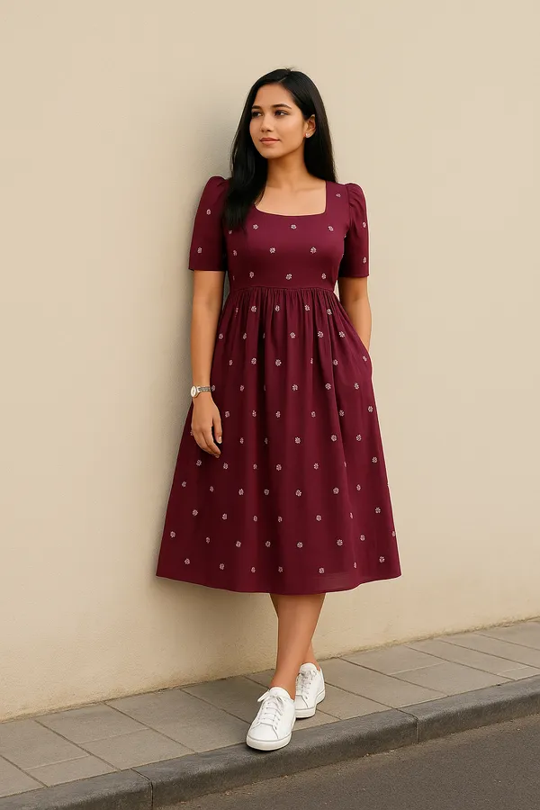 Maroon_Tiered_Midi_Dress_With_Ikat_Print_And_Button_Detail