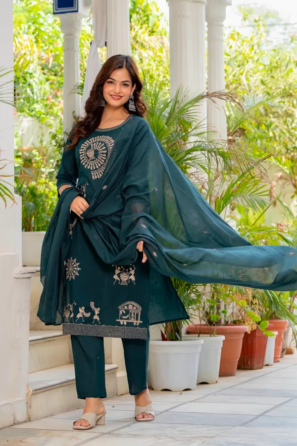 Teal_Warli_Print_Straight_Kurta_For_Women