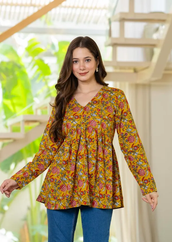 Mustard_Yellow_Floral_Print_Long_Sleeve_Flared_Top