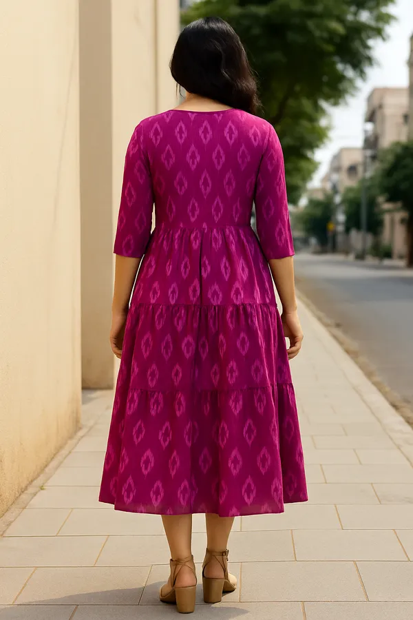 Magenta_Pink_Tiered_Ikat_Midi_Dress_With_Button_Front_Detail