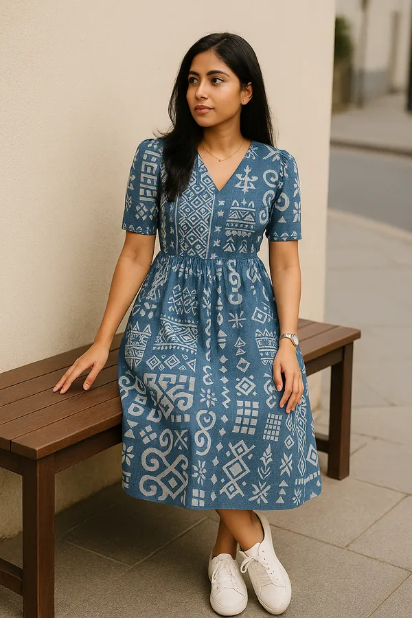 Blue_Printed_A_Line_Midi_Dress_With_Short_Sleeves
