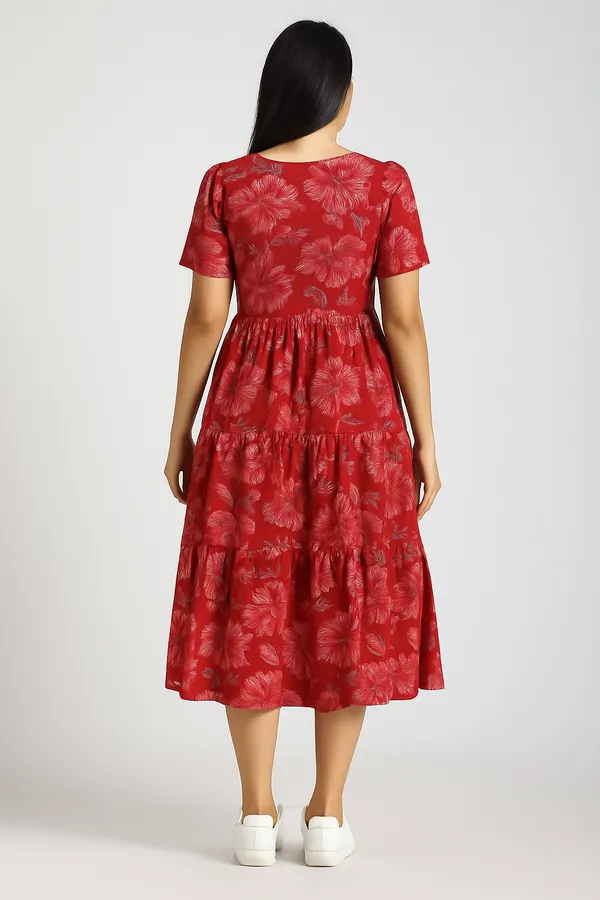 Red_Floral_Print_Gathered_Midi_Dress_With_Short_Sleeves