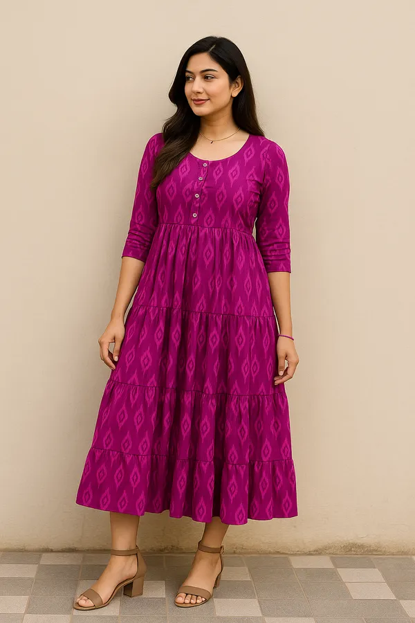 Magenta_Pink_Tiered_Ikat_Midi_Dress_With_Button_Front_Detail