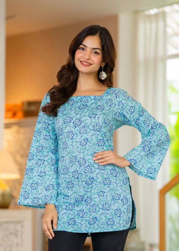 Sky_Blue_Floral_Print_Womens_Top_With_Bell_Sleeves