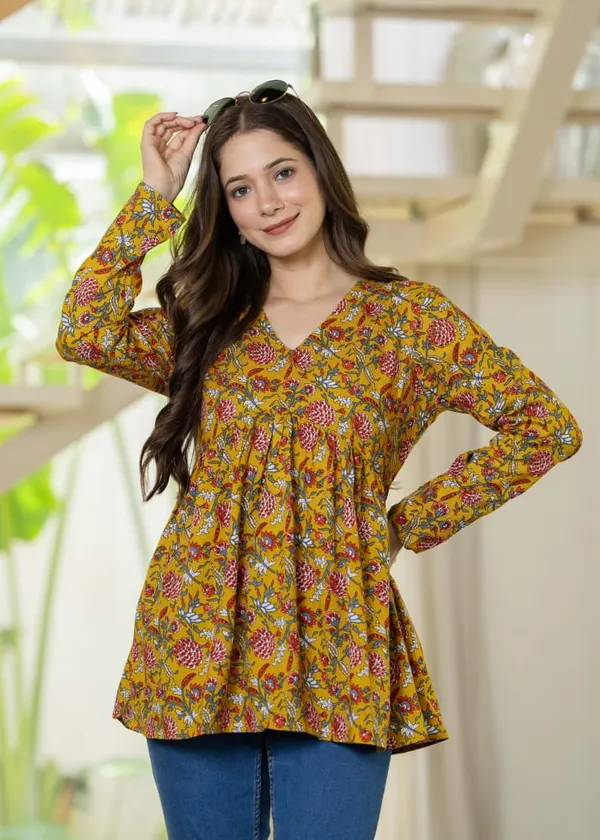 Mustard_Yellow_Floral_Print_Long_Sleeve_Flared_Top