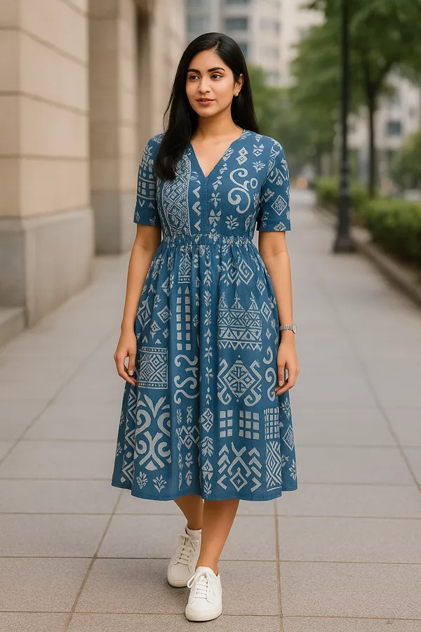 Blue_Printed_A_Line_Midi_Dress_With_Short_Sleeves
