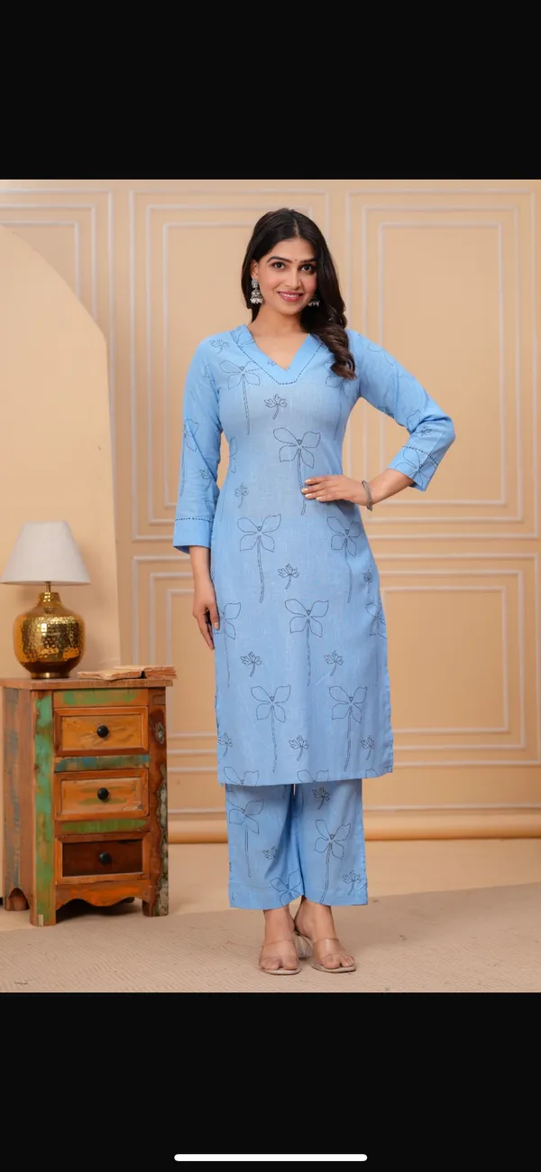 Light_Blue_Floral_Embroidered_Cotton_Kurti_With_Palazzo_Set
