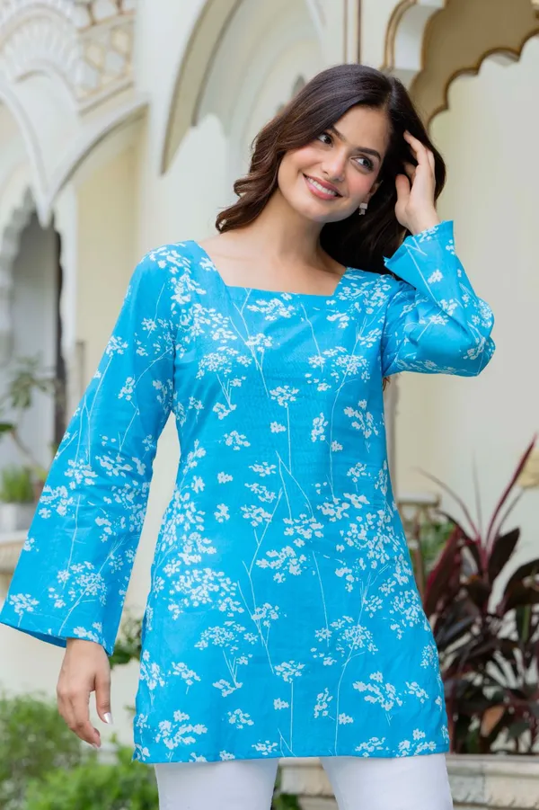 Turquoise_Blue_Floral_Print_Lace_Up_Back_Tunic_Top_For_Women