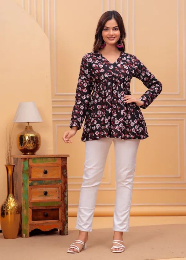 Black_Floral_Print_V_Neck_Long_Sleeve_Gathered_Top