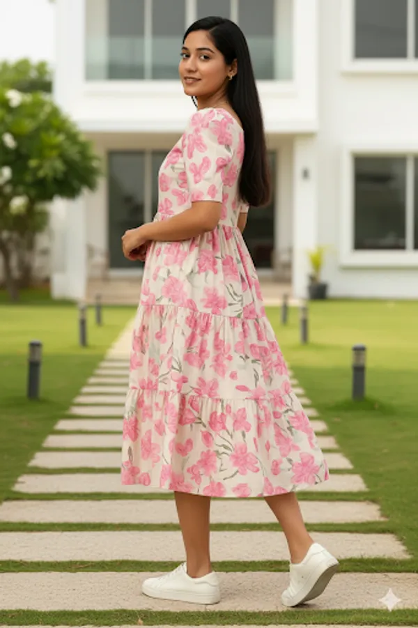 Pink_Floral_Print_Tiered_Midi_Dress_For_Women