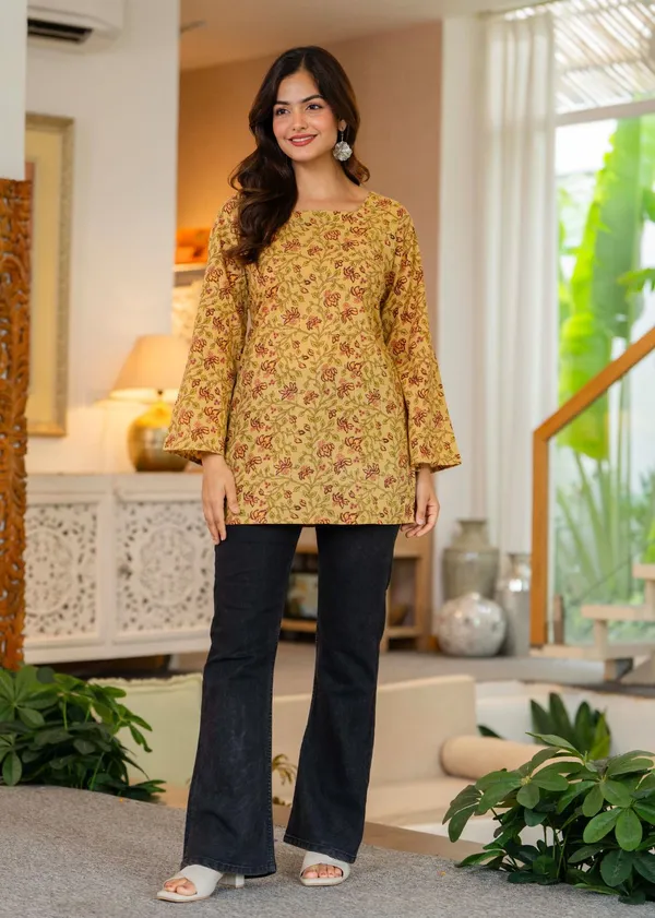 Womens_Mustard_Yellow_Floral_Print_Tunic_Top_With_Lace_Up_Back_Detail