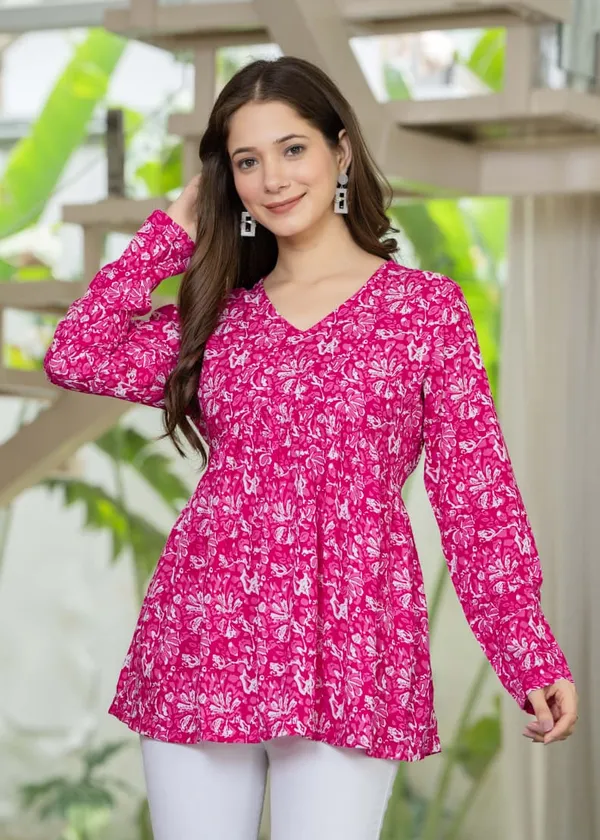Womens_Pink_Floral_Print_Gathered_Tunic_Top