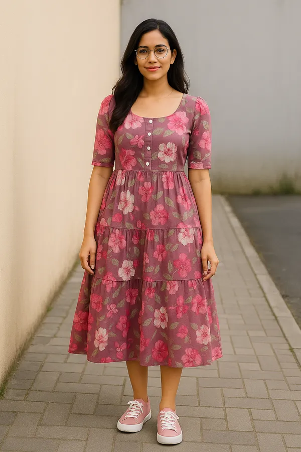 Mauve_Pink_Floral_Printed_Tiered_Midi_Dress_With_Button_Detail