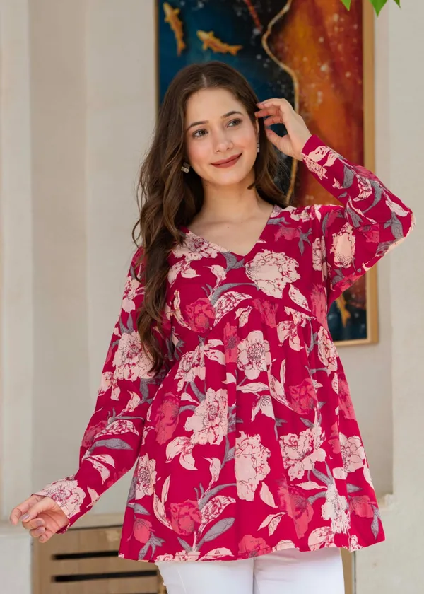 Magenta_Floral_Print_Full_Sleeve_Tunic_Top_For_Women