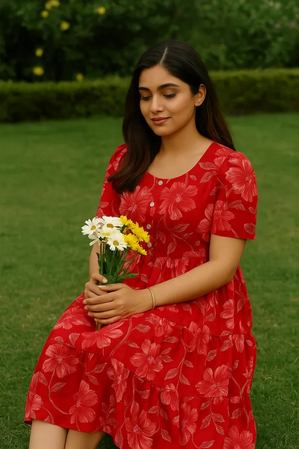 Red_Floral_Print_Gathered_Midi_Dress_With_Short_Sleeves