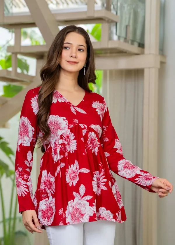 Red_Floral_Print_Womens_Tunic_Top_With_Long_Sleeves_And_V_Neck