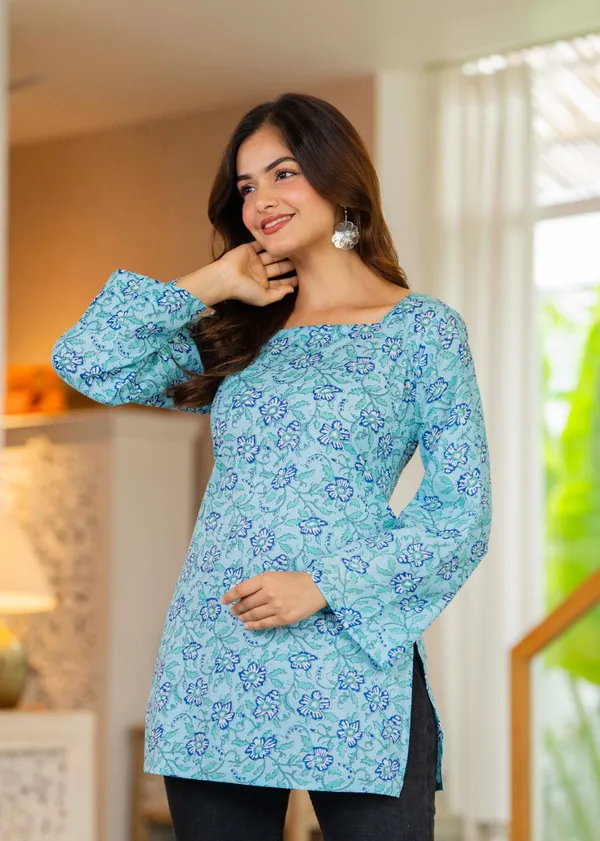 Sky_Blue_Floral_Print_Womens_Top_With_Bell_Sleeves