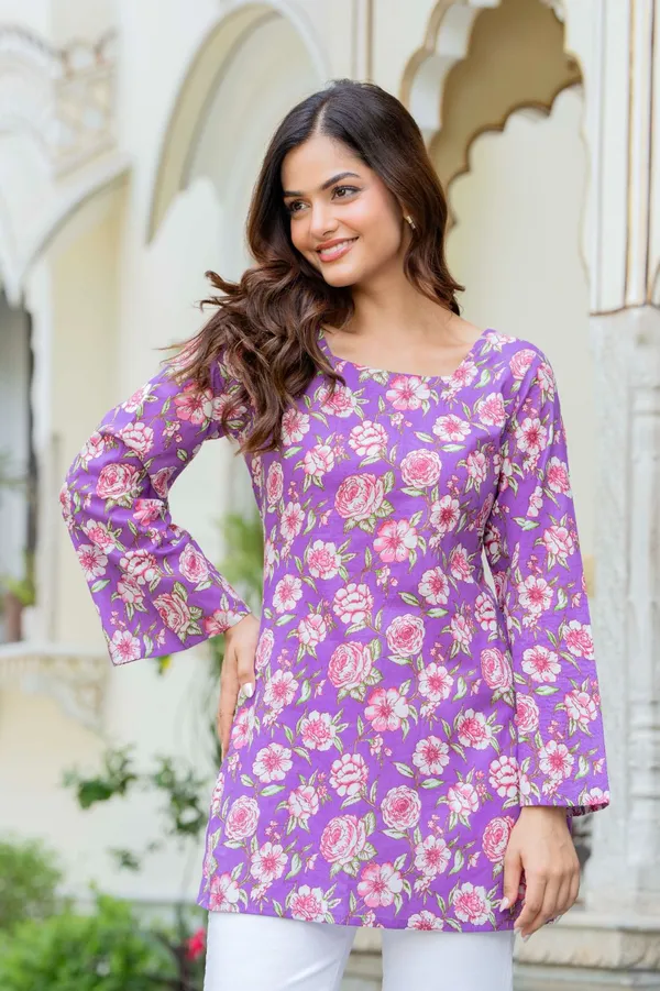 Purple_Floral_Print_Long_Sleeve_Tunic_Top_For_Women
