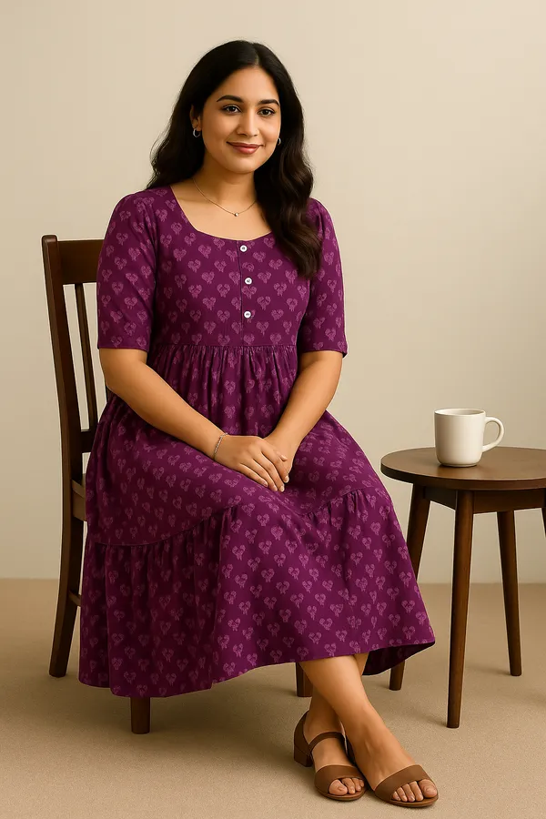 Purple_Floral_Print_A_Line_Midi_Dress_With_Button_Detail
