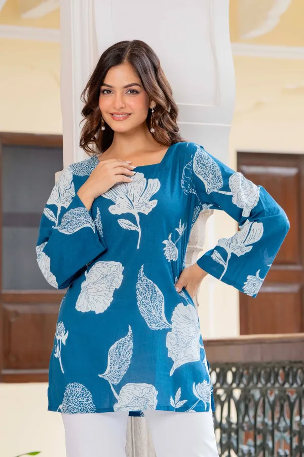 Teal_Blue_Floral_Print_Womens_Kurti_For_Women