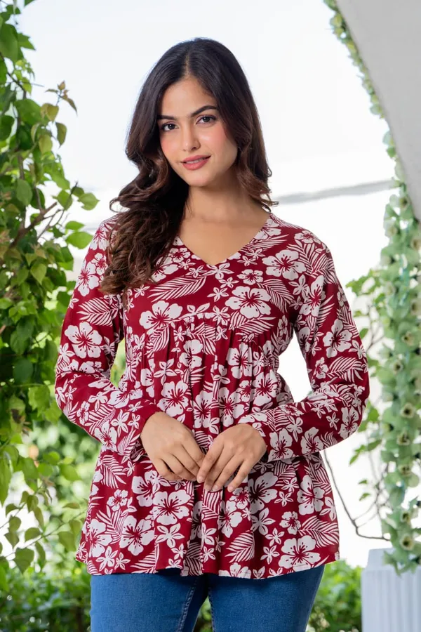 Maroon_Floral_Print_Flared_Top_For_Women