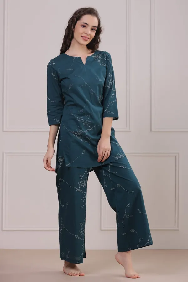 Teal_Printed_Kurta_And_Palazzo_Pants_Night_Suit_Set_For_Women
