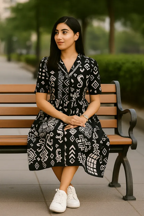 Black_Geometric_Print_Collared_Shirt_Dress_With_Belt