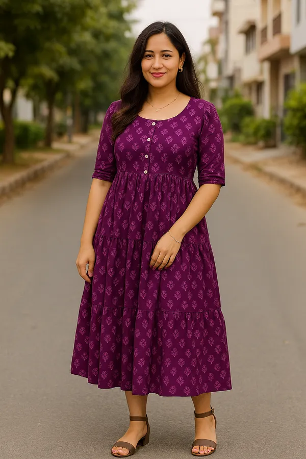 Purple_Floral_Print_A_Line_Midi_Dress_With_Button_Detail